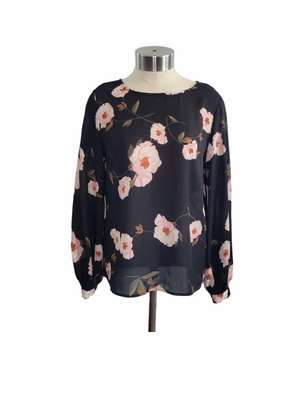 Worthington Black Blouse with Blush Floral Print